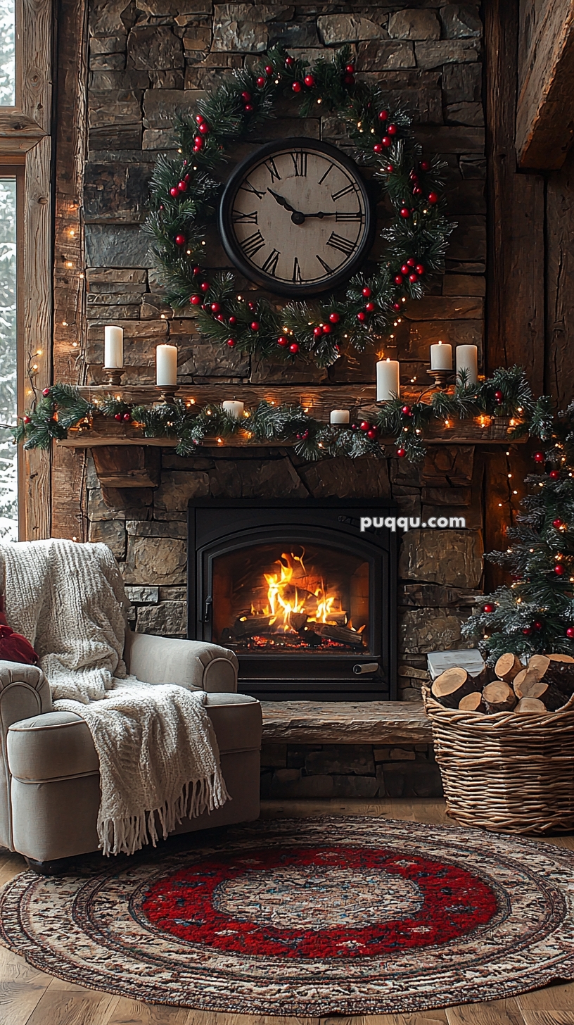 A cozy living room features a stone fireplace with a lit fire, decorated with a lush Christmas wreath and candles. An armchair draped with a knitted blanket sits nearby, and a basket of firewood is placed by the fireplace. A large circular rug with a red and beige pattern covers the wooden floor.