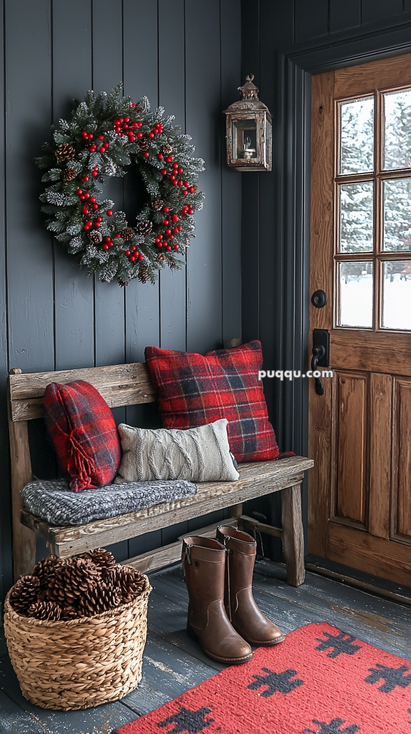 A cozy entryway with a rustic wooden bench adorned with red plaid and gray knitted pillows, a wreath with red berries and pinecones on the wall, a pair of brown boots on the floor, and a basket filled with pinecones beside a wooden door.