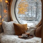 A cozy nook with fluffy white cushions and knitted pillows beside a circular window with frost, overlooking a snowy landscape with autumn trees. A tray with a cup of coffee and a glass of orange juice sits on the cushions, and warm string lights adorn the wooden wall.