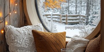 A cozy nook with fluffy white cushions and knitted pillows beside a circular window with frost, overlooking a snowy landscape with autumn trees. A tray with a cup of coffee and a glass of orange juice sits on the cushions, and warm string lights adorn the wooden wall.