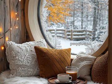 A cozy nook with fluffy white cushions and knitted pillows beside a circular window with frost, overlooking a snowy landscape with autumn trees. A tray with a cup of coffee and a glass of orange juice sits on the cushions, and warm string lights adorn the wooden wall.