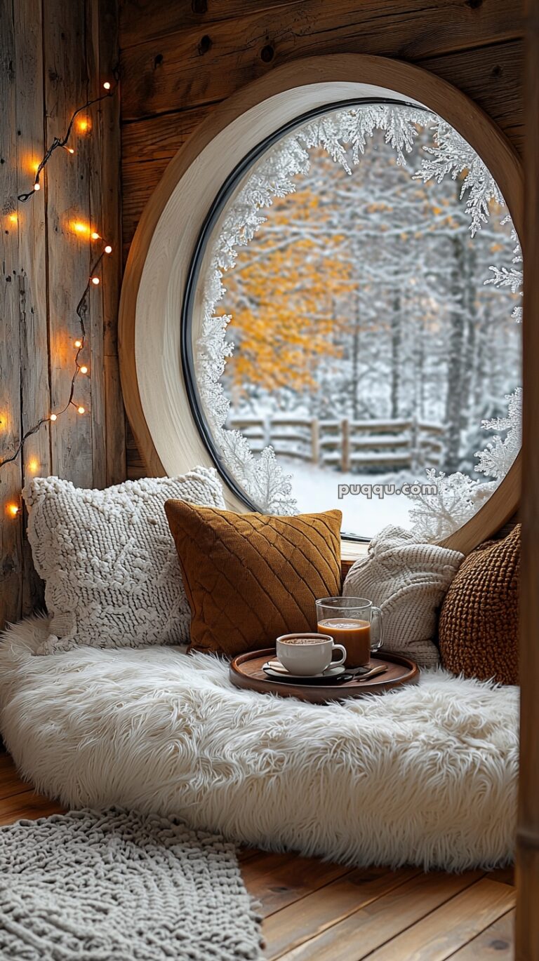 A cozy nook with fluffy white cushions and knitted pillows beside a circular window with frost, overlooking a snowy landscape with autumn trees. A tray with a cup of coffee and a glass of orange juice sits on the cushions, and warm string lights adorn the wooden wall.