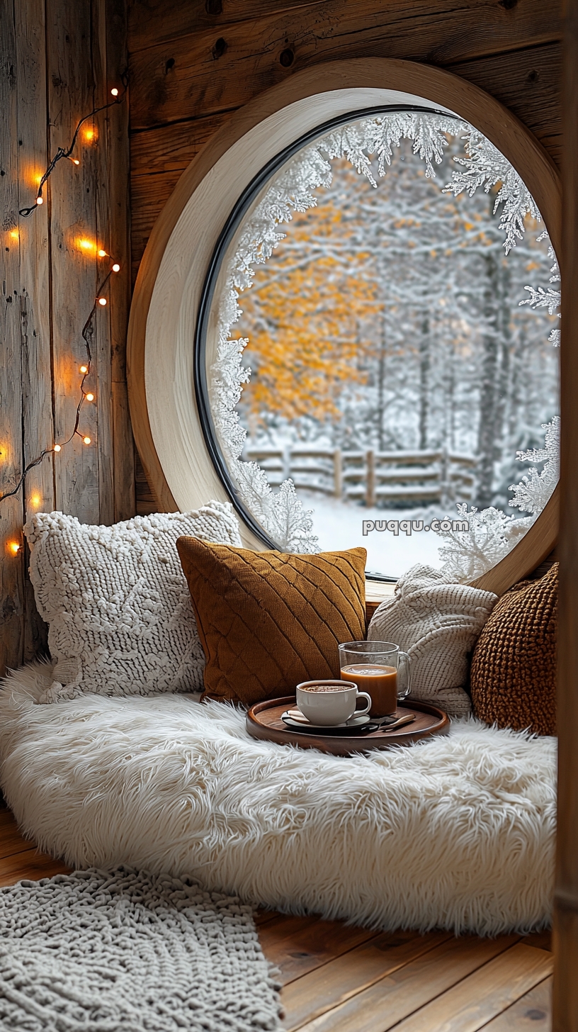 A cozy nook with fluffy white cushions and knitted pillows beside a circular window with frost, overlooking a snowy landscape with autumn trees. A tray with a cup of coffee and a glass of orange juice sits on the cushions, and warm string lights adorn the wooden wall.