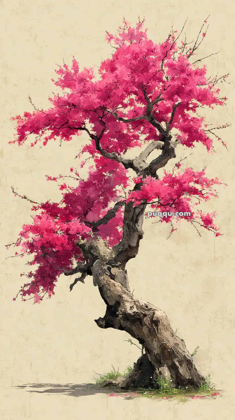 A digital painting of a twisted tree with vibrant pink blossoms against a beige background, featuring rough bark and lush foliage.