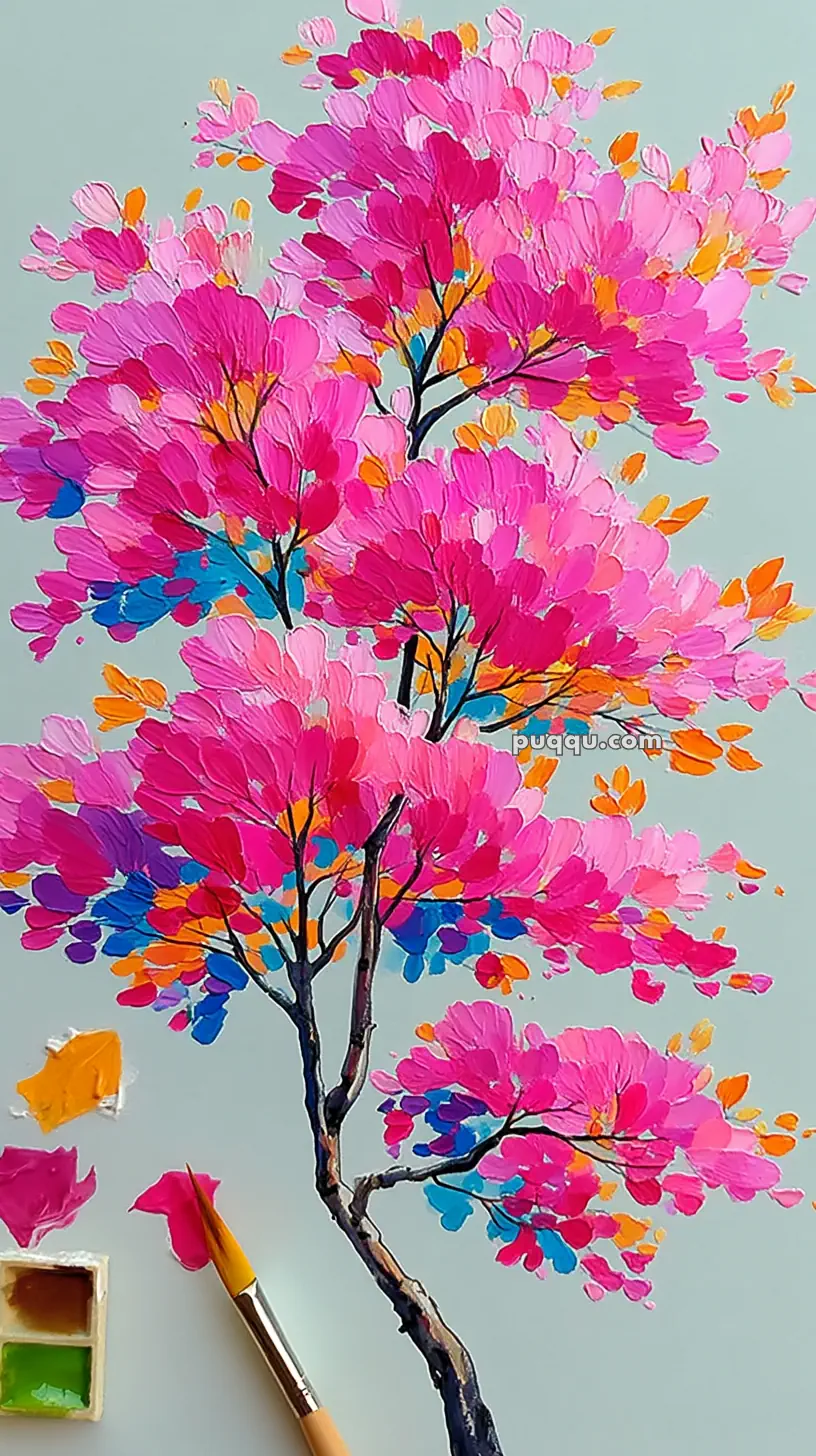 A colorful painting of a tree with vibrant pink, orange, and blue leaves, created using a palette and brush with paint on a light background.