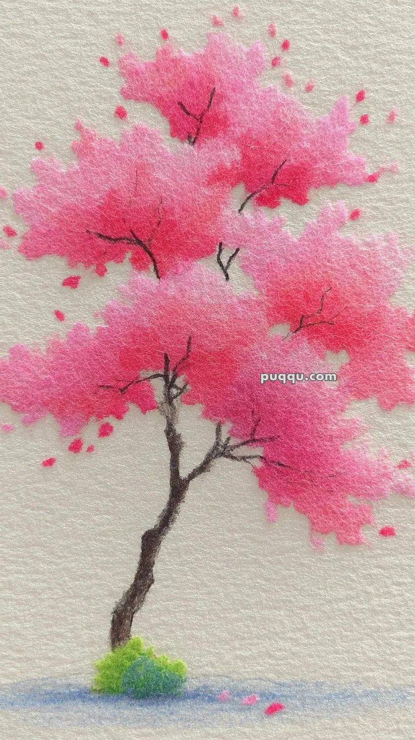 A delicate watercolor painting of a cherry blossom tree with vivid pink flowers and a dark brown trunk, set against a light textured background with subtle patches of green grass and a splash of blue shadow at the base.