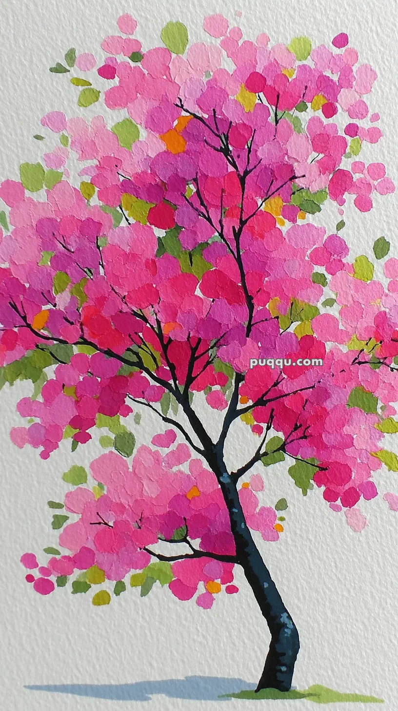 A vibrant painting of a tree with pink blossoms and green leaves against a light background, featuring dark branches and trunk.