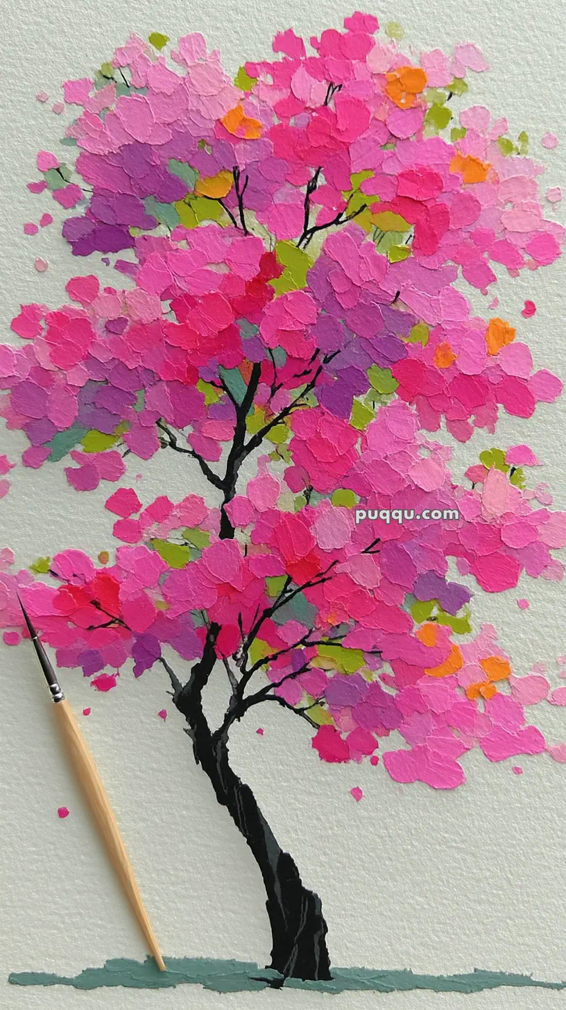A vibrant painting of a tree with multi-colored leaves in shades of pink, orange, and green, with a brush lying nearby on the canvas.