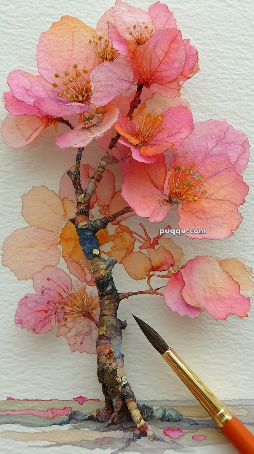A watercolor painting of a cherry blossom tree with vibrant pink and orange flowers, shown in detail with a paintbrush positioned against the paper, suggesting the artwork is in progress.