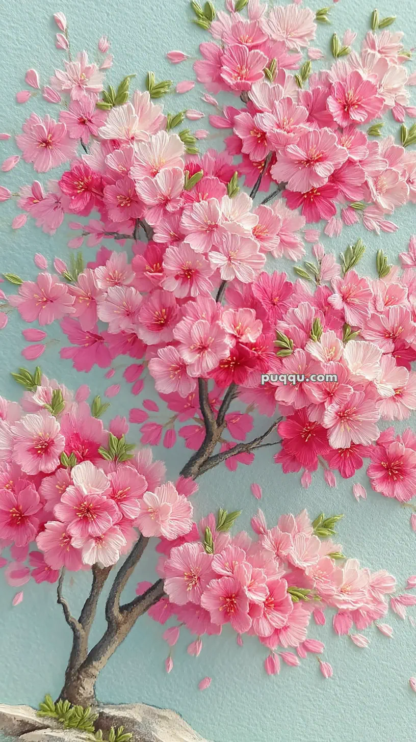 A detailed embroidery of a cherry blossom tree with vibrant pink and white flowers against a light blue background, showcasing intricate stitching of petals and leaves.