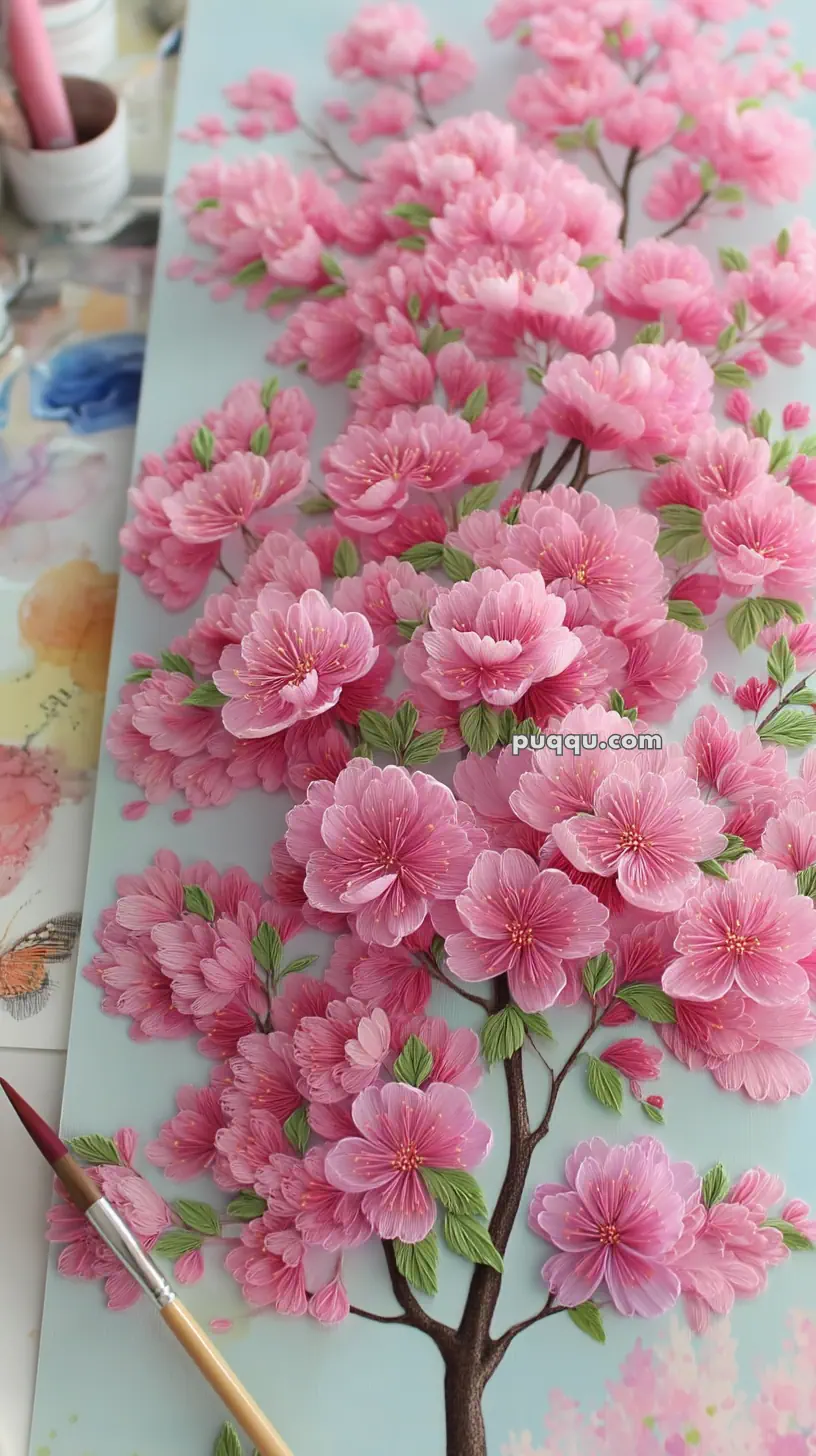 A detailed painting of a cherry blossom tree with vibrant pink flowers and green leaves on a light blue background. A paintbrush is resting at the bottom left corner, with some art supplies visible in the background.