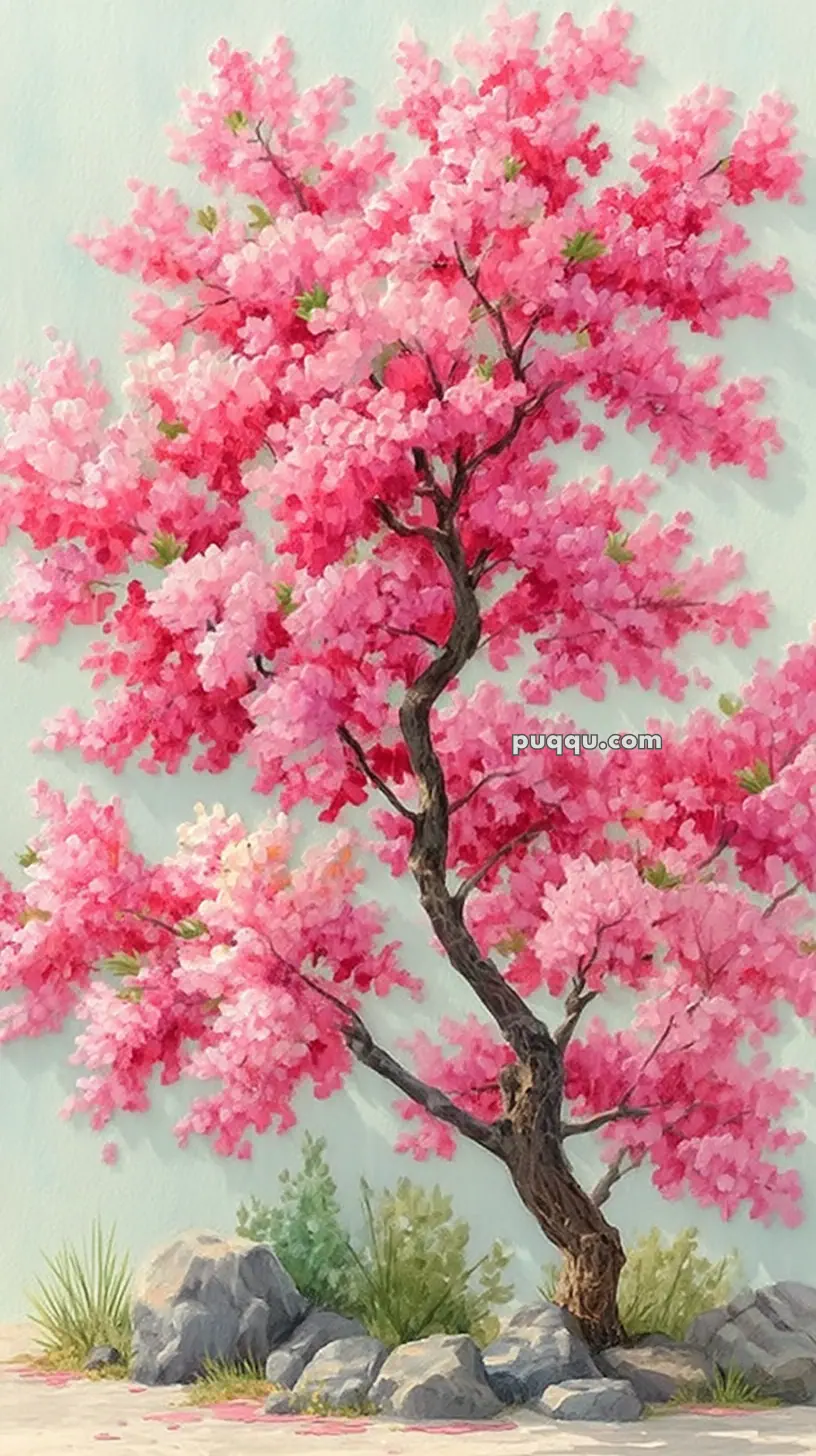 A painting of a cherry blossom tree with vibrant pink flowers, set against a light background with rocks and foliage at the base.