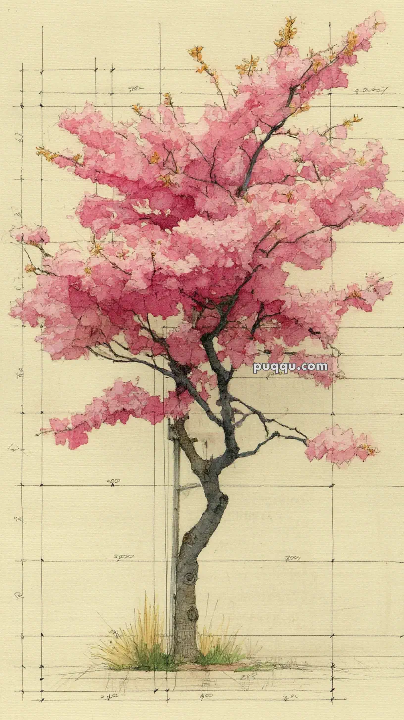 Artistic rendering of a flowering tree with pink blossoms and a brown trunk, set against a pale yellow background with grid lines and measurement marks, creating a technical yet artistic study of the tree's structure.