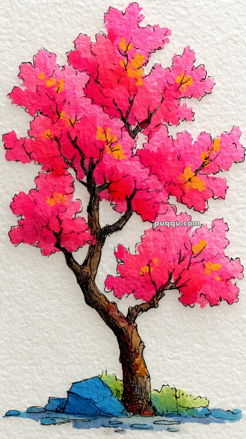 A watercolor painting of a tree with vibrant pink and yellow blossoms on ten branches, set against a textured background.