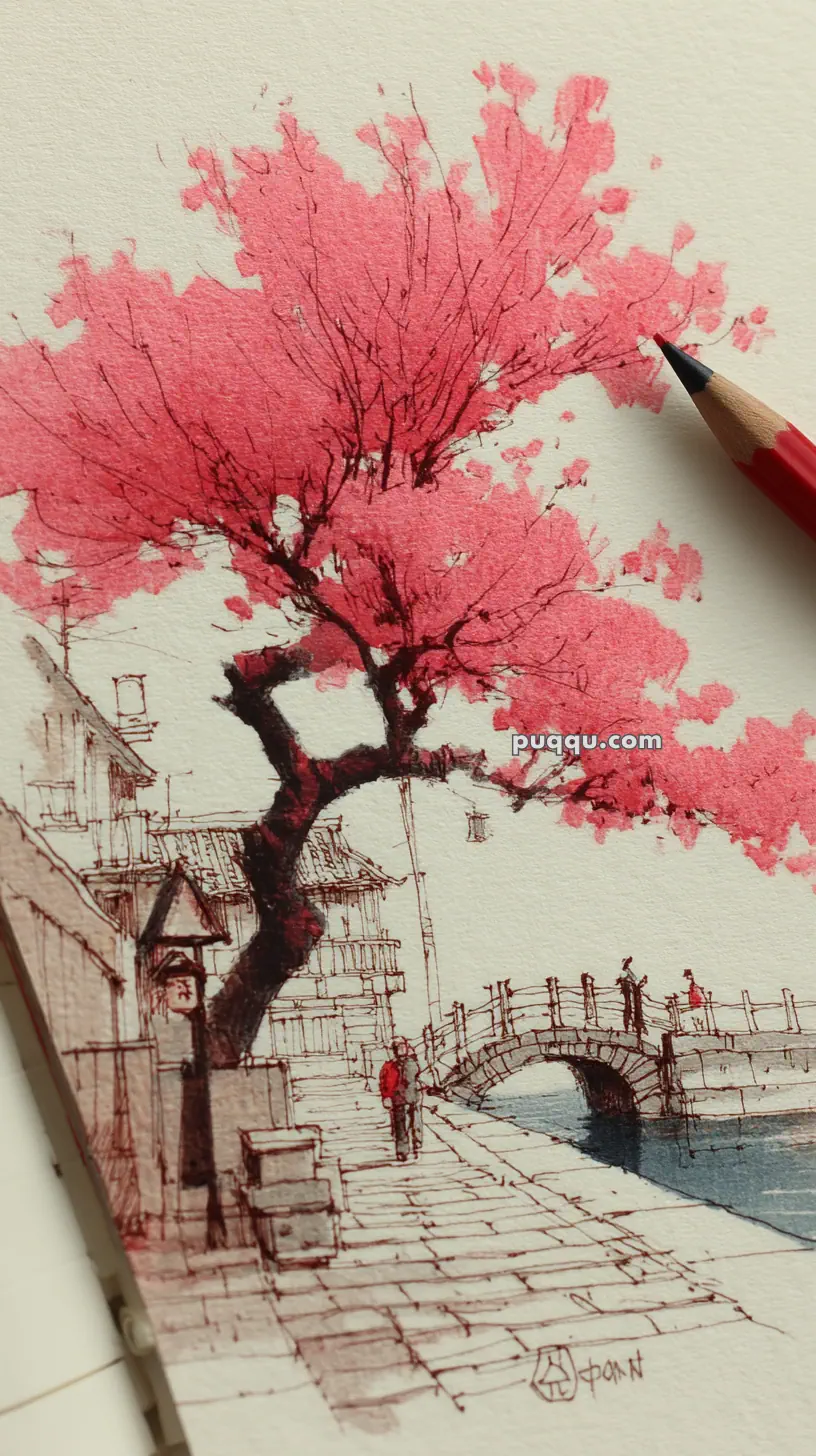 A detailed watercolor painting depicts a vibrant pink cherry blossom tree next to a canal, with a small bridge and Japanese architecture in the background. A red pencil is placed alongside the painting, matching the color used for the tree's blossoms and a figure's coat in the scene.