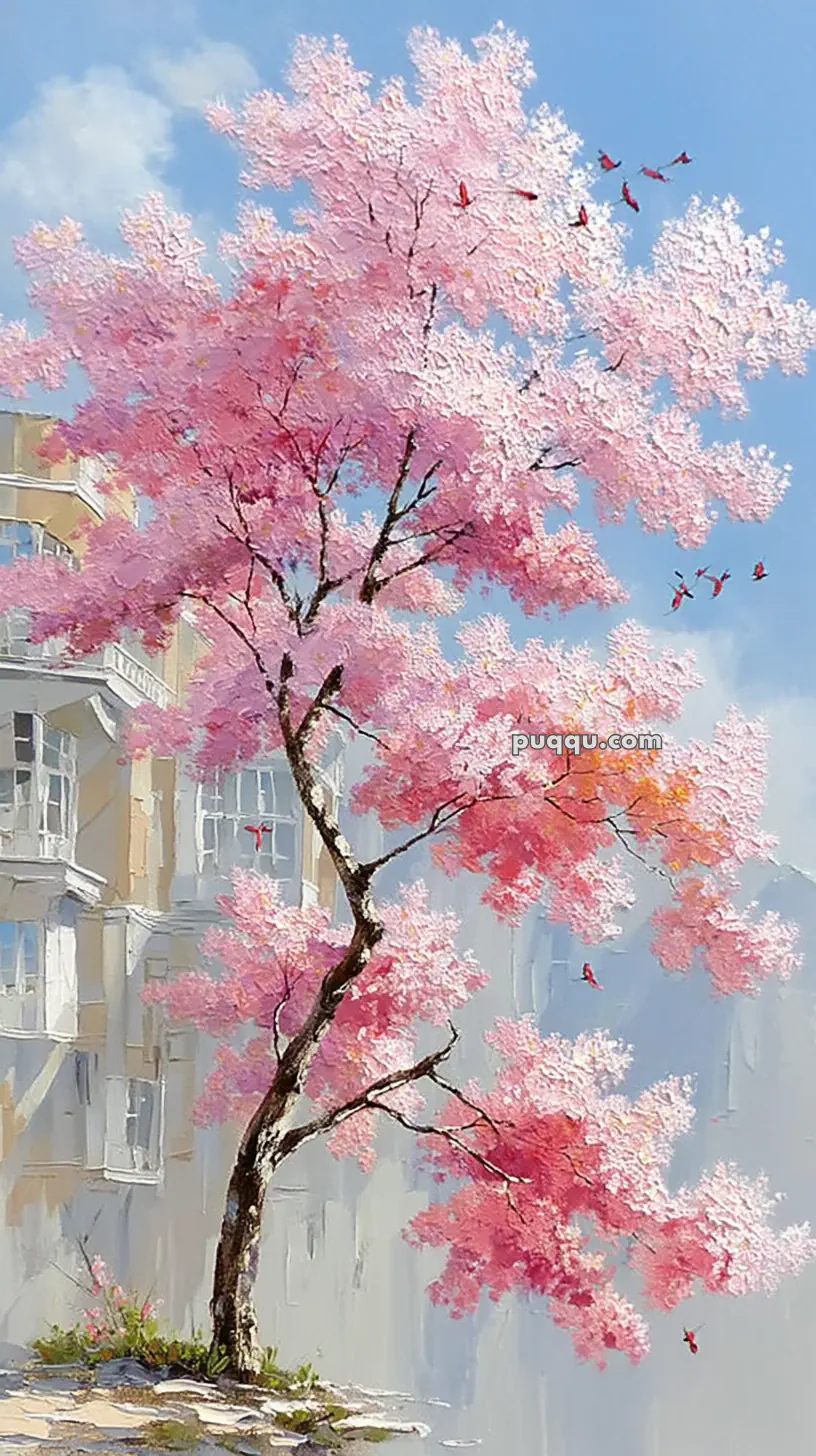 A painting of a cherry blossom tree with vibrant pink flowers in front of a building, under a clear blue sky with a few birds flying.