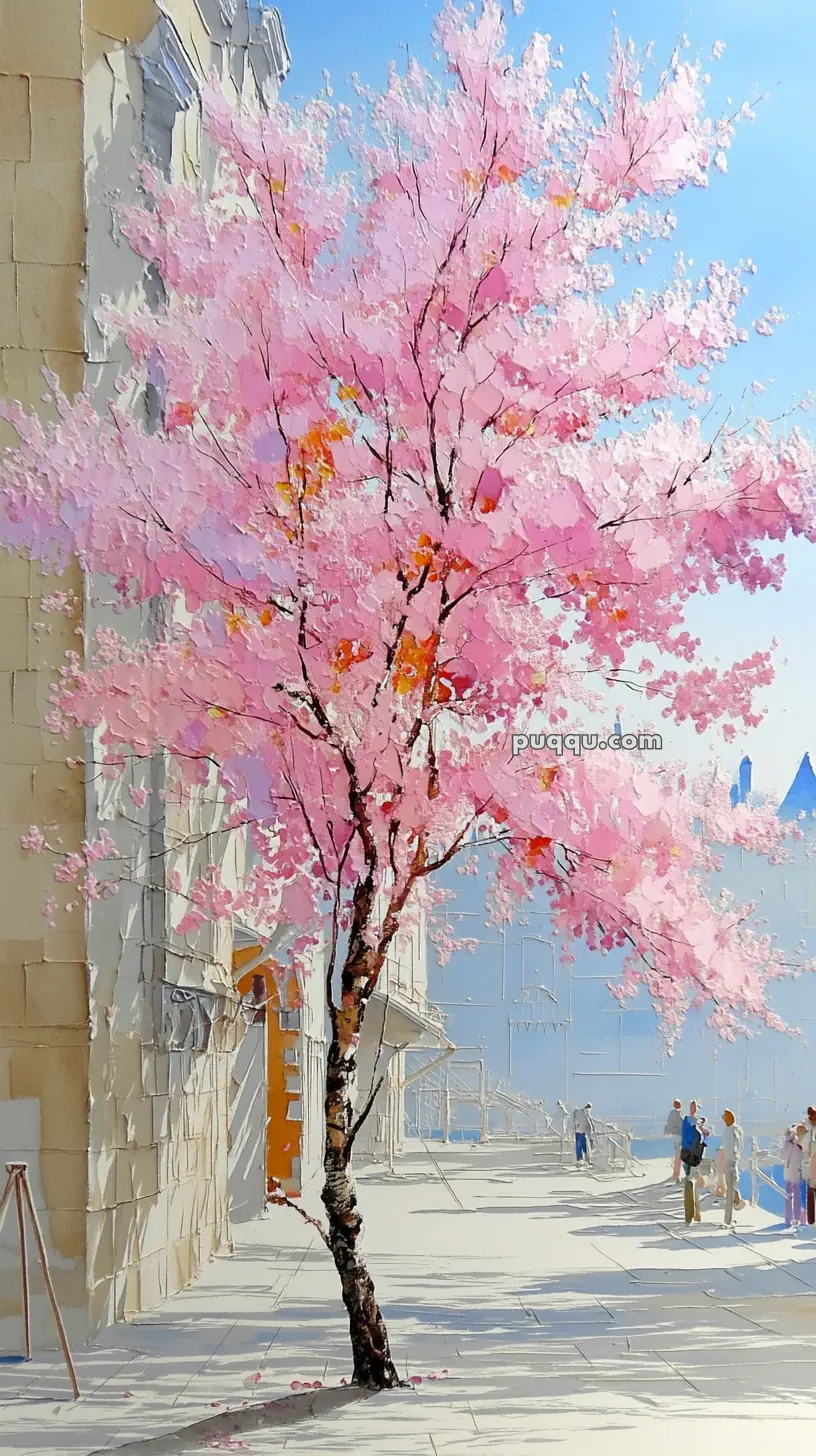 A painting of a street scene with a blooming pink cherry blossom tree against a blue sky, adjacent to a light-colored building with a stone facade.