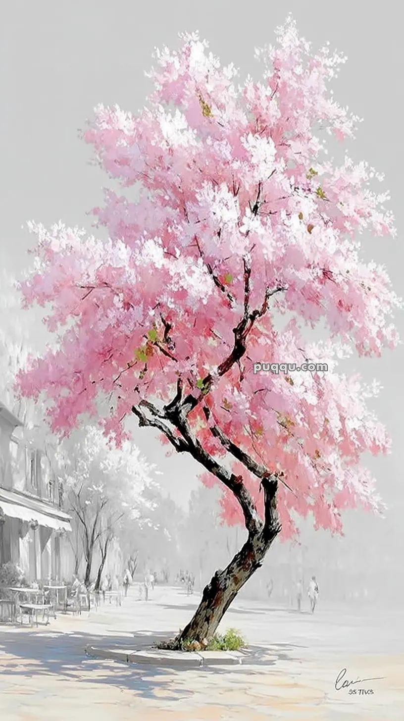 A painting of a solitary cherry blossom tree with delicate pink and white flowers, situated on a sidewalk next to a building with outdoor seating, against a grayscale background.