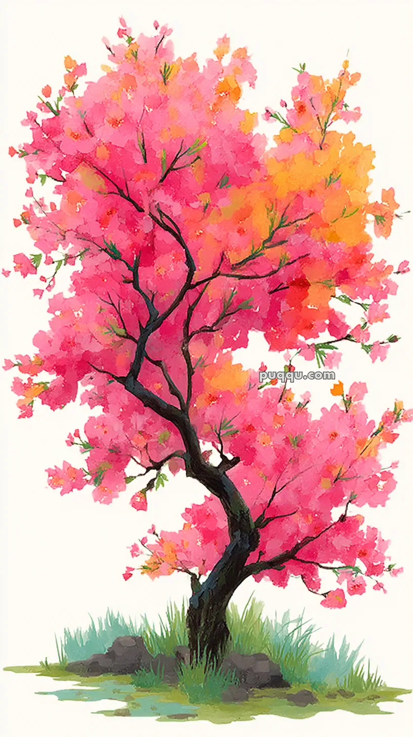 A vibrant watercolor painting of a tree with dark bark and branches, adorned with bright pink and orange foliage, surrounded by green grass and rocks.
