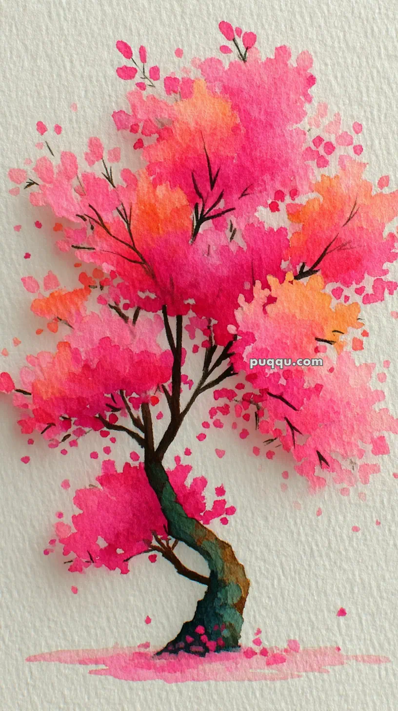 A watercolor painting of a tree with blossoms in vibrant shades of pink and orange, set against a textured white background.