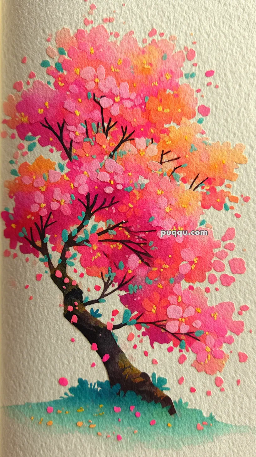 A watercolor painting of a tree with vibrant pink, orange, and teal foliage on a textured paper background.