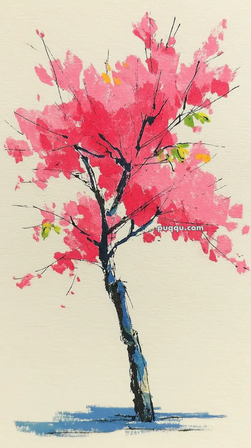 A stylized painting of a tree with vibrant pink blossoms, a dark trunk, and a few scattered green leaves against a light background.