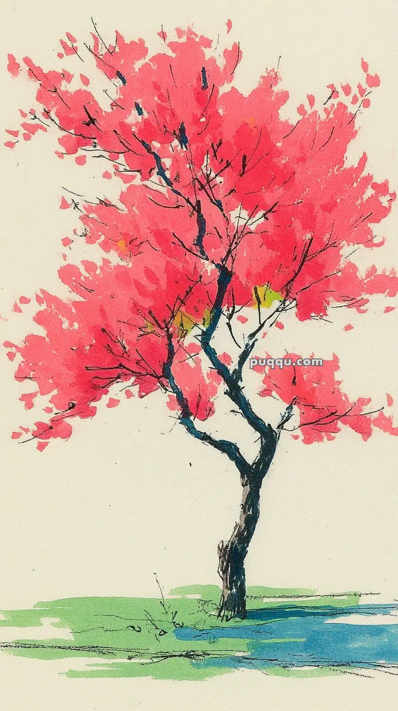 A watercolor painting of a tree with bright pink blossoms and a twisted trunk, set against a light background with some green and blue at the base.