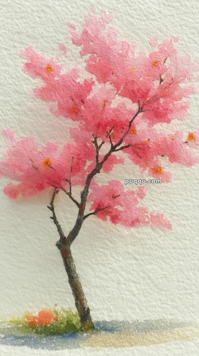 Watercolor painting of a cherry blossom tree with pink flowers on textured paper, featuring a slender trunk and a small patch of grass at the base.