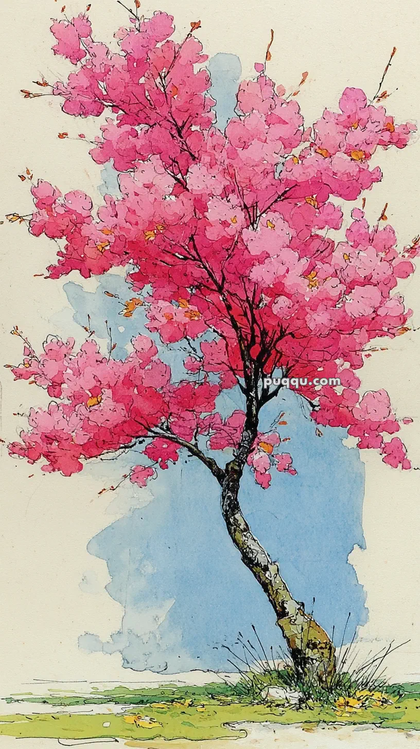 A watercolor painting of a compact tree with vibrant pink blossoms and a slender, curved trunk, standing against a background of soft blue and white hues.