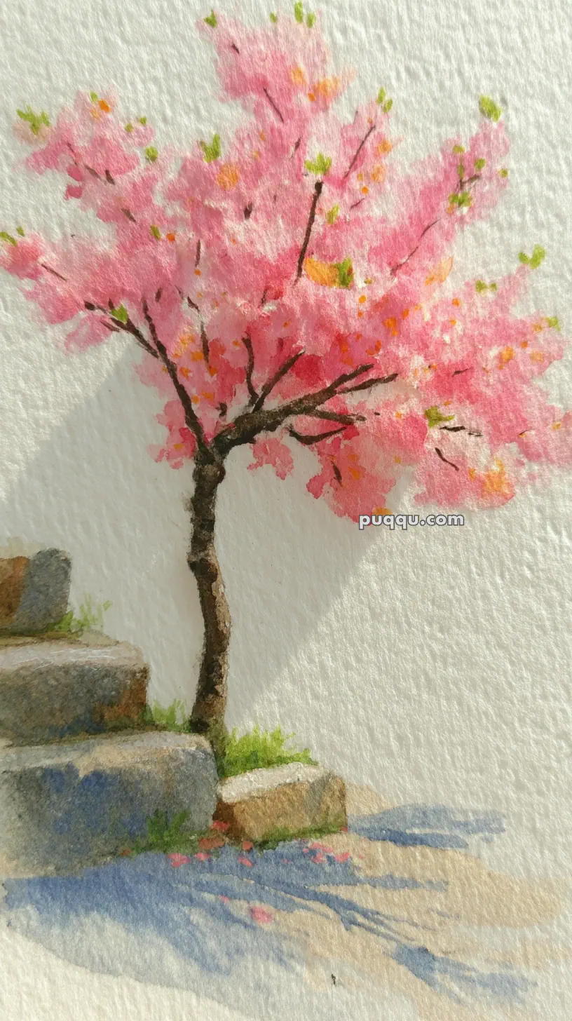 Watercolor painting of a cherry blossom tree with pink flowers growing beside stone steps on textured paper.