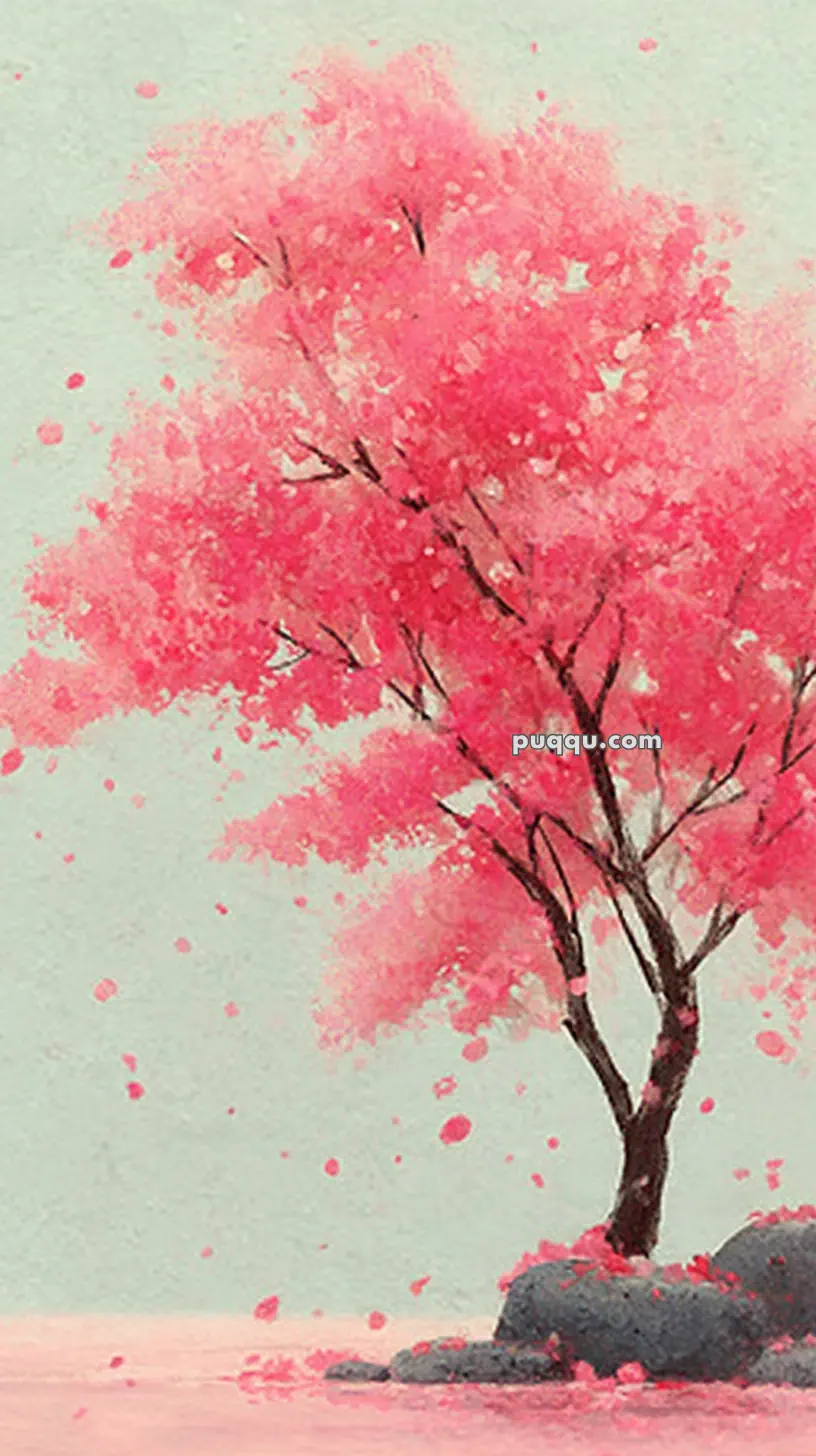 A digital artwork of a cherry blossom tree with vibrant pink flowers against a light teal background, with petals scattered around and some grey stones at the base.