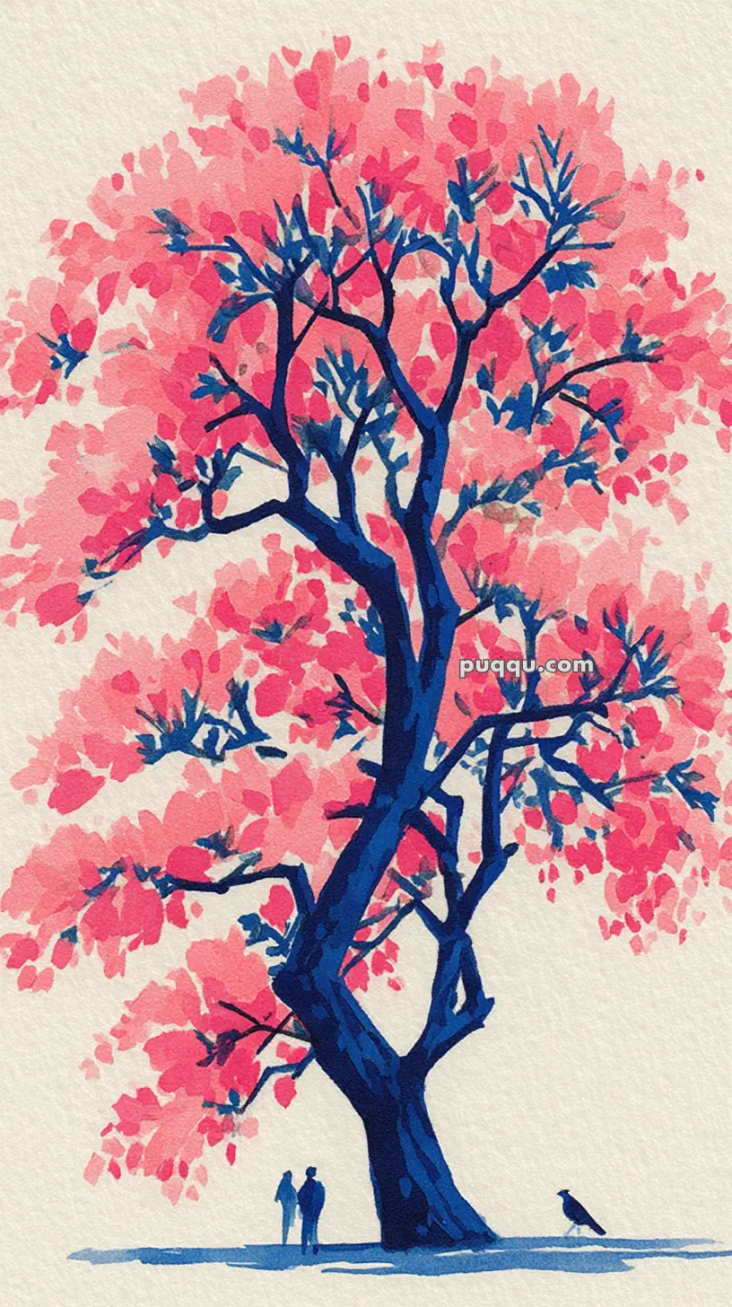 A stylized illustration of a tree with a dark blue trunk and branches, featuring bright pink foliage. Two small figures stand beneath the tree, and a crow is nearby on the ground. The artwork has a watercolor effect.