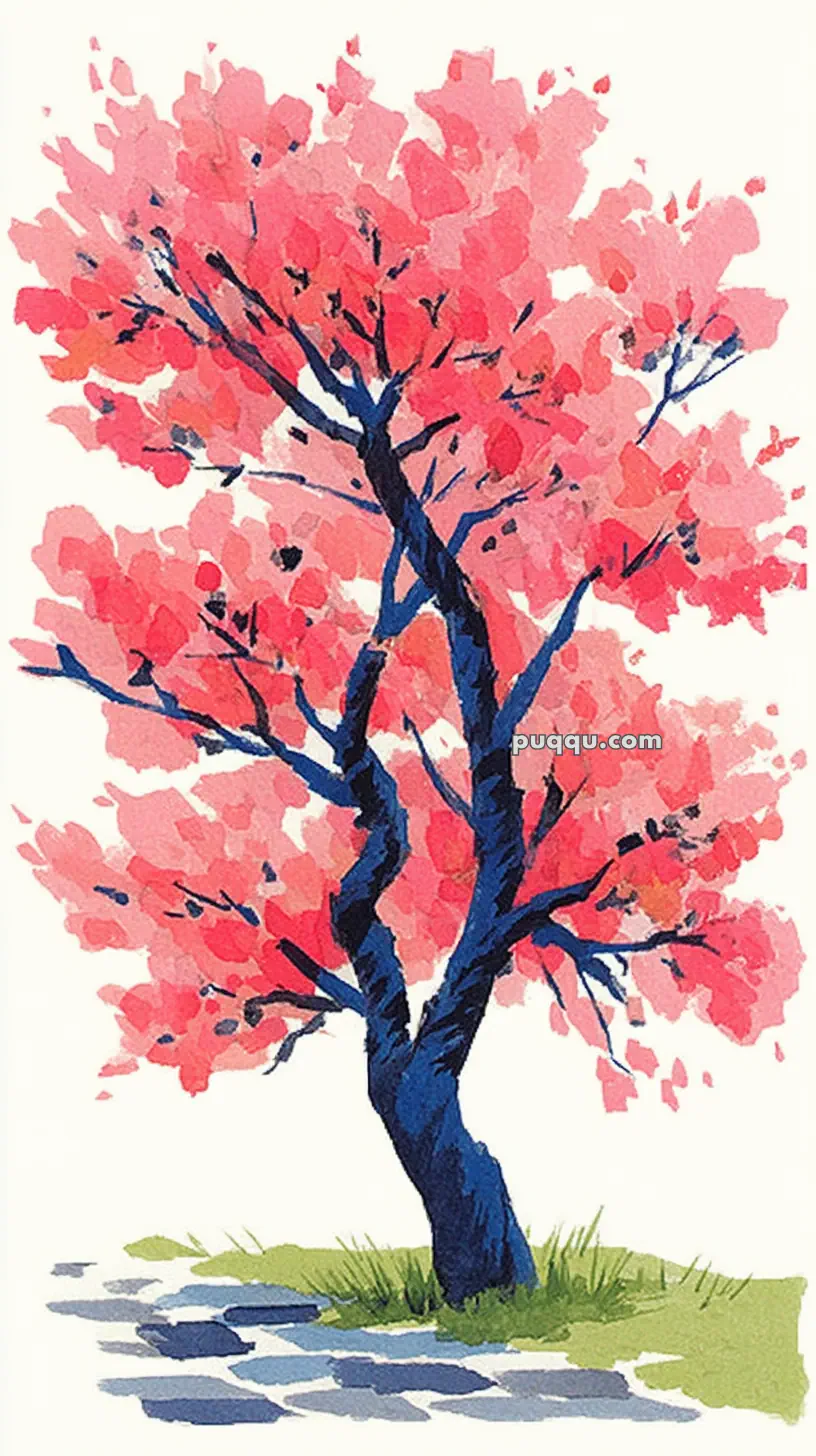 An artistic illustration of a tree with dark blue bark and vibrant pink foliage, set against a white background with patches of green grass and stone shadows at its base.