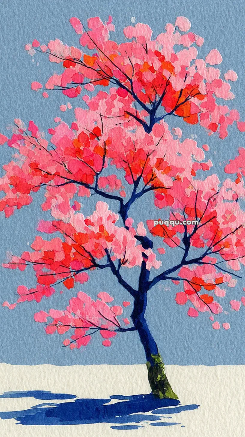 A watercolor painting of a tree with bright pink and red blossoms against a light blue background, casting a blue shadow on a white surface below.