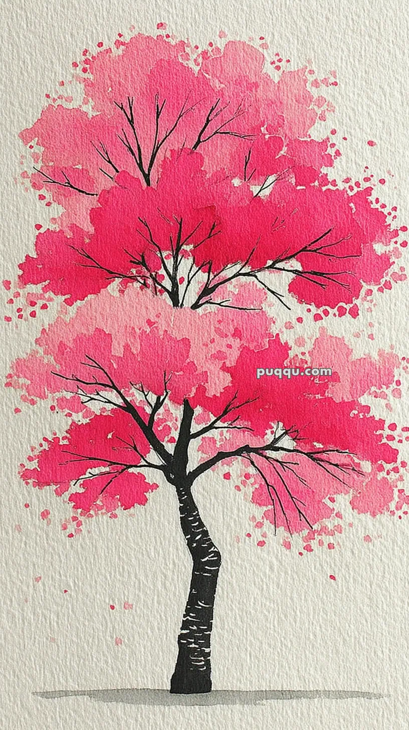 Watercolor painting of a tree with vibrant pink blossoms and black branches on textured paper.
