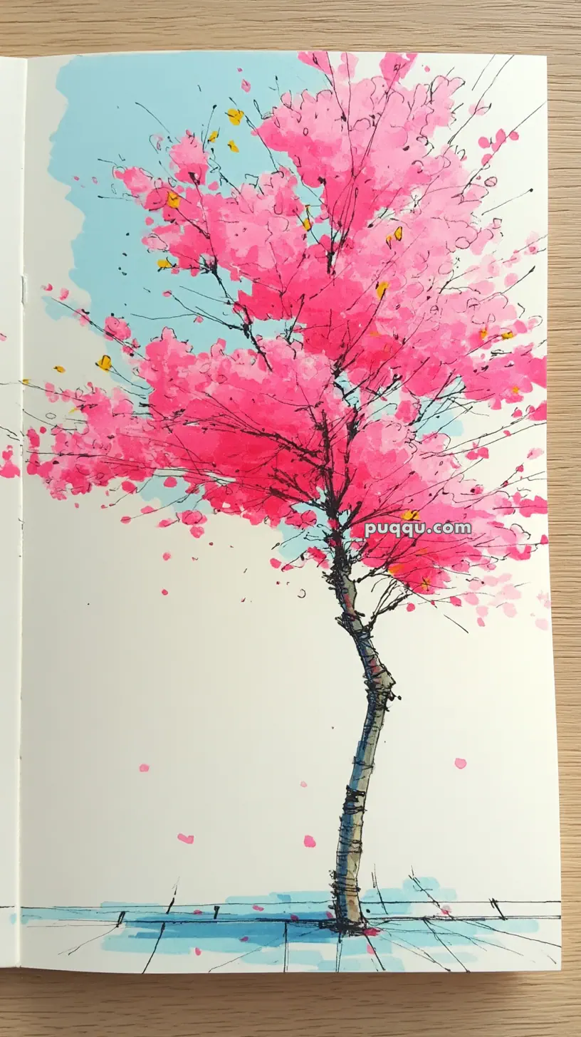 Artwork of a tree with bright pink blossoms against a pale blue sky, featuring a thin trunk with scattered branches.