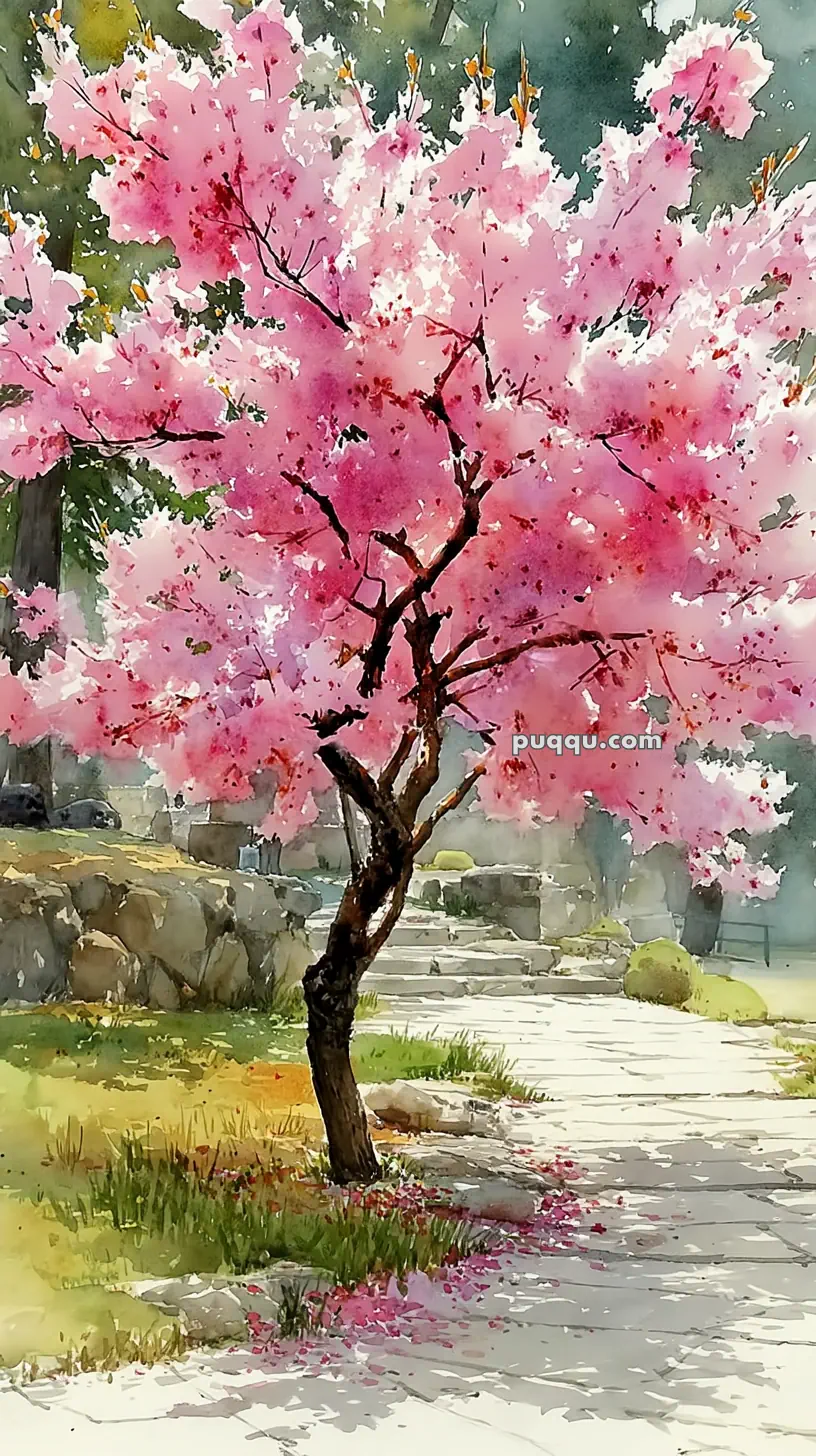 A watercolor painting of a blooming cherry blossom tree with vibrant pink flowers, surrounded by a stone path and grassy area with rocks in the background.