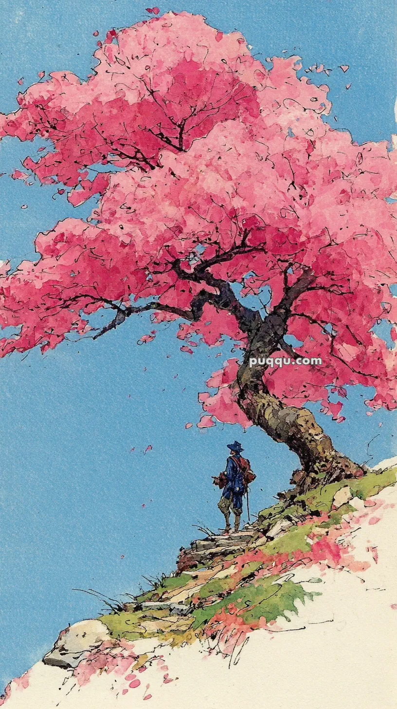 A stylized illustration of a lone figure wearing a hat, standing on a rocky, grass-covered hillside next to a large pink-flowered tree, set against a clear blue sky.