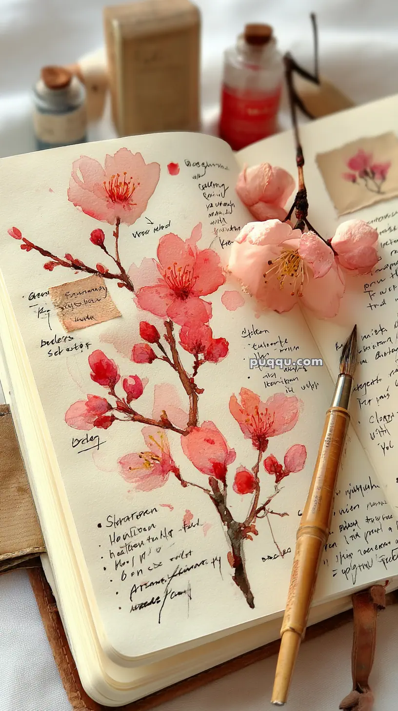 Open sketchbook with a watercolor painting of cherry blossoms surrounded by handwritten notes, a real cherry blossom, and a paintbrush on a table with art supplies in the background.