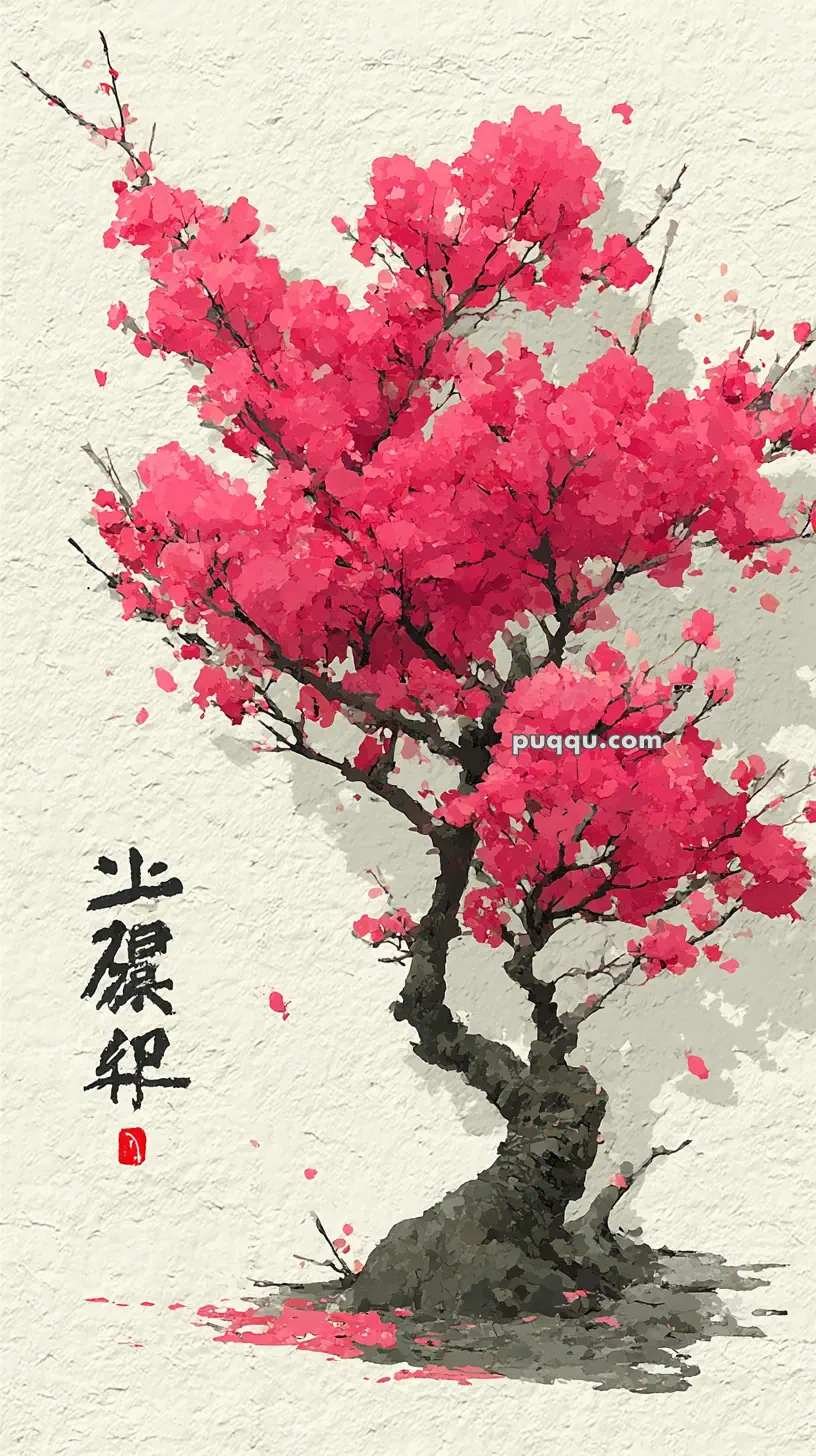 A digital painting of a cherry blossom tree with vibrant pink flowers and a textured bark against a light background, featuring Asian calligraphy on the left side.
