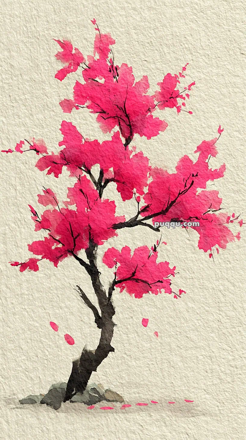 Watercolor painting of a cherry blossom tree with vibrant pink blossoms and a dark brown trunk against a light textured background.