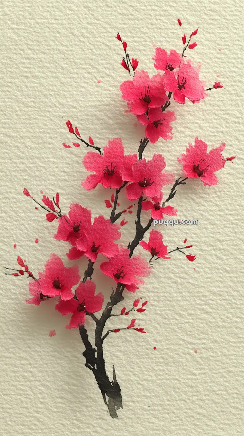 Watercolor painting of a branch with bright pink cherry blossoms and black stems on textured paper.