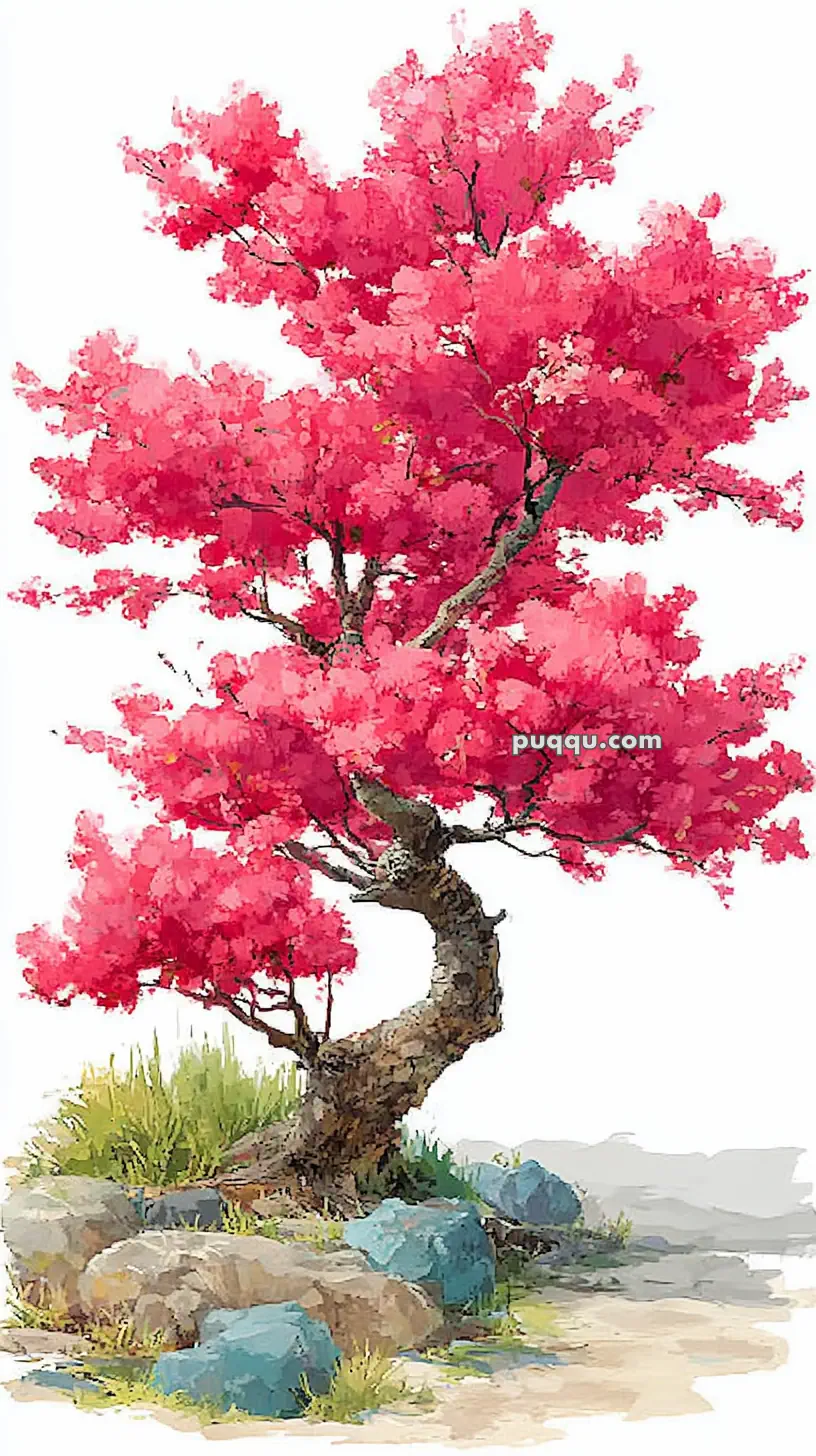 A vibrant illustration of a tree with pink blossoms against a white background, surrounded by green grass and blue-gray rocks.
