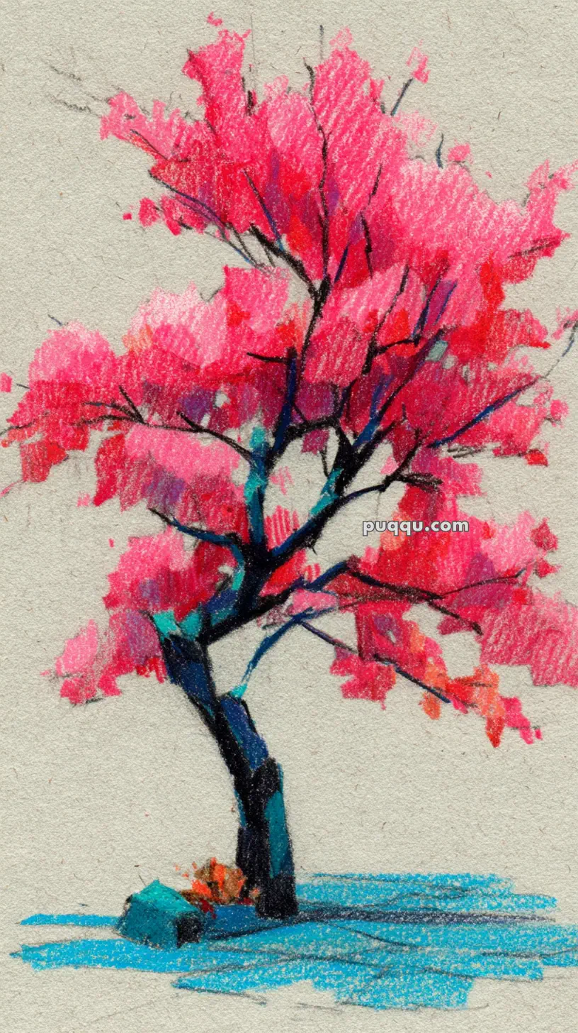 A colorful pencil drawing of a tree with vibrant pink leaves and a dark, textured trunk on a light background.