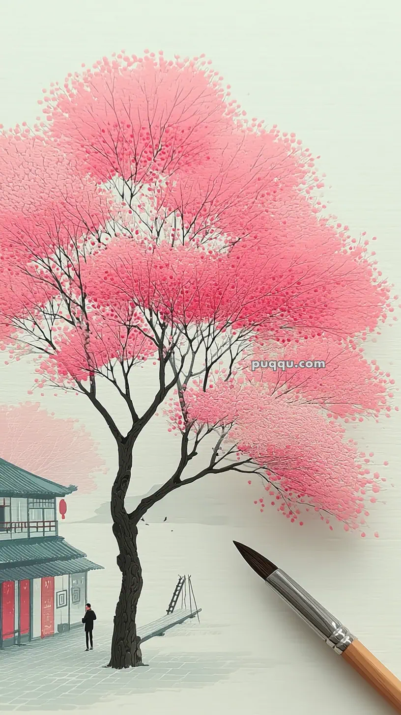 A delicate painting of a cherry blossom tree with pink flowers in full bloom, standing beside a traditional building. A person is visible near the building, and a paintbrush is placed nearby, suggesting the artwork's creation process.