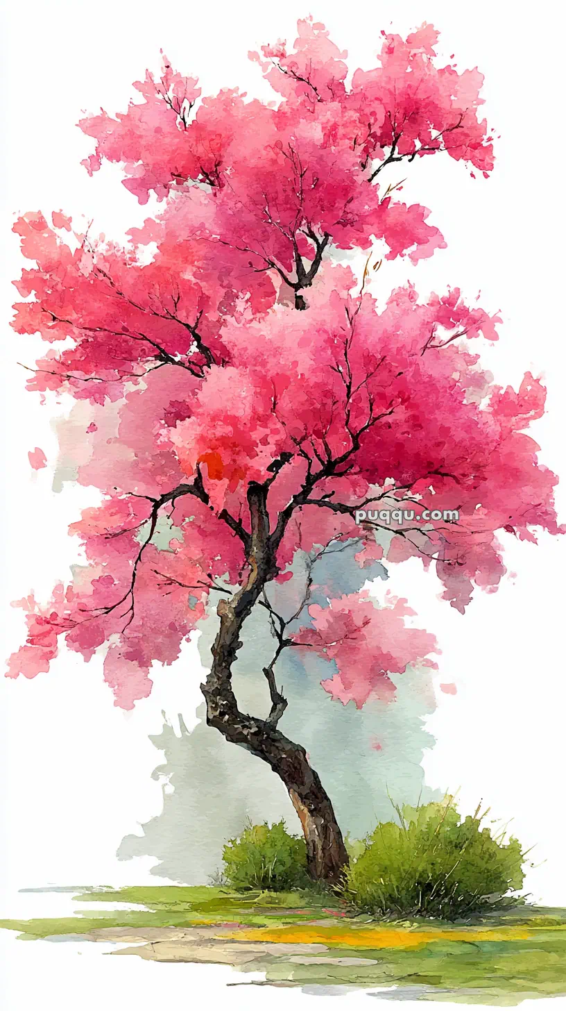 A watercolor painting of a tree with vibrant pink blossoms and a curved trunk, set against a light background with grassy ground.