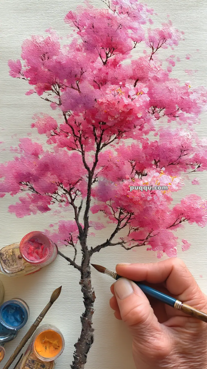 A hand holding a paintbrush is painting a detailed cherry blossom tree with pink flowers on textured paper. Three small paint jars in pink, blue, and yellow with brushes lie nearby.
