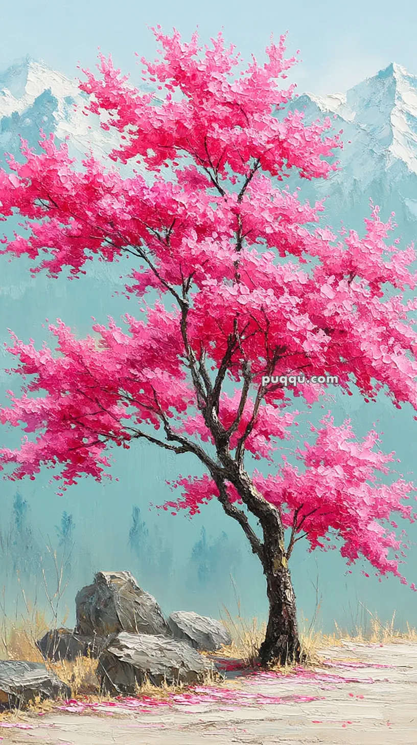 A vibrant painting of a cherry blossom tree with bright pink flowers against a background of distant snow-capped mountains. There are rocks and dry grass at the base of the tree, adding to the natural setting.