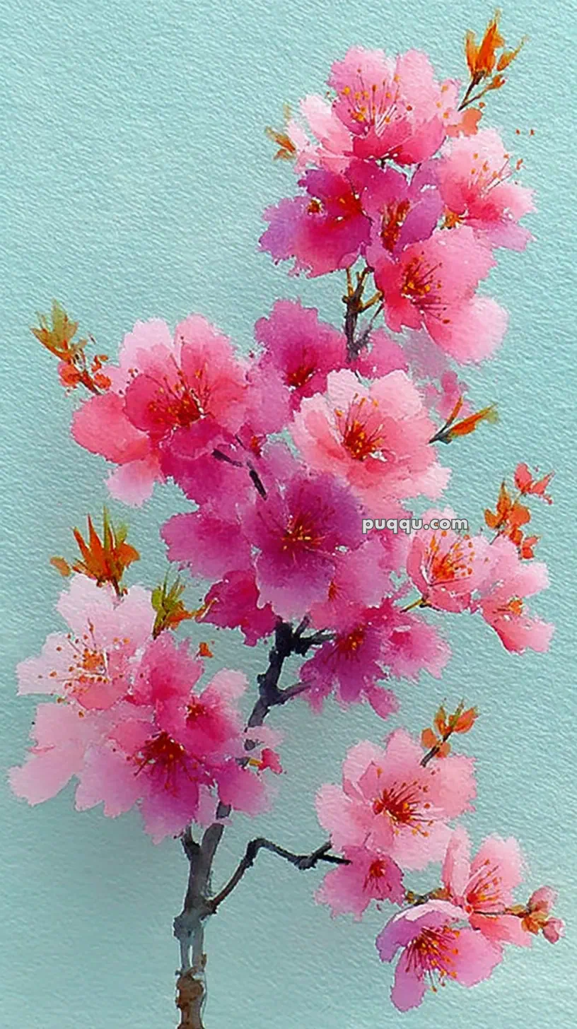 Watercolor painting of pink cherry blossoms on a branch against a light blue background.