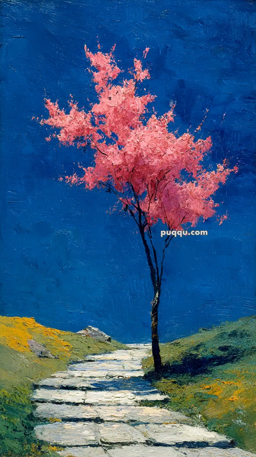 A painting of a pink blossoming tree next to a stone path, set against a vibrant blue sky with green grassy hills on either side.